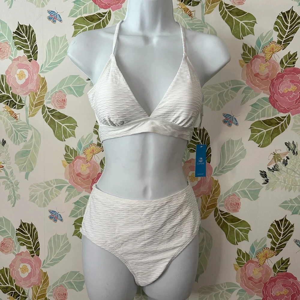 Cupshe Encounter Textured Lace Up Bralette and High Waist Bikini Small NWT - Picture 8 of 9
